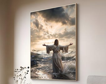 Canvas Jezus loopt op het water canvasafdruk, religieus schilderij, Jezus loopt op water schilderij, religieuze muurkunst, jezus kunst aan de muur cadeau