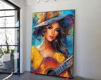 Woman playing guitar canvas wall art, music poster, musical woman poster, acrylic paint look guitar player girl painting