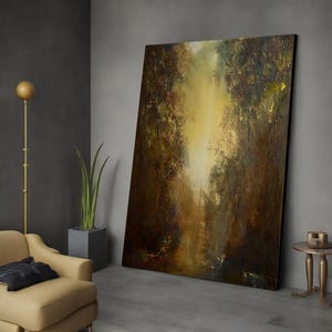 May include: A painting of a forest scene with a path leading into the distance. The trees are a deep green and brown, and the light is coming from the right side of the image, creating a warm glow. The path is lined with trees and bushes, and there is a small stream running through the center of the image.