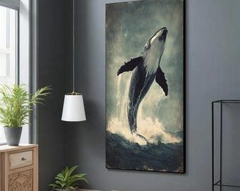 Whale jumping in water canvas painting, humpback whale art, black and white whale wall art, fish painting