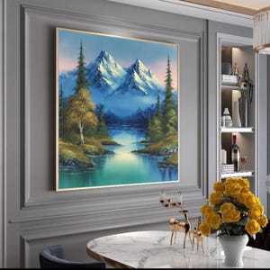 Majestic Snow-Capped Mountains Canvas, Serene Lake Reflection Wall Art, Pine Tree Forest Landscape, Misty Morning Nature Canvas, Home Decor