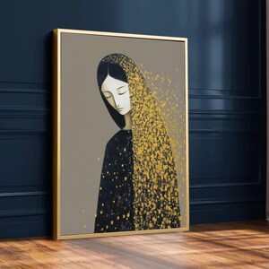 Serene Woman Portrait Canvas, Abstract Gold & Black Art, Modern Figurative Wall Art, Meditative Expression Canvas, Home Decor Painting