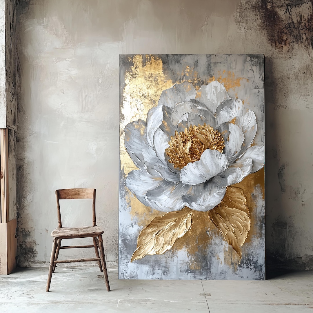 Gold and White Rose Canvas Wall Art - White Flowers Canvas Painting ...