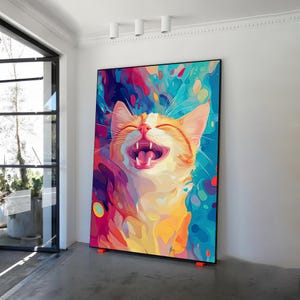 Cute cat pop art canvas painting, colorful cat art, animal decor, cat wall poster