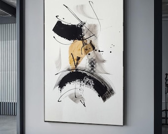 Abstract Painting Large Black and White  Painting Yellow Abstract  Wall Art Modern canvas Painting
