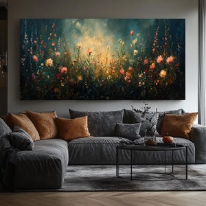 Wildflower Field Framed Wall Art, Vintage Botanical Landscape print, Floral Decor, Modern Farmhouse Canvas Art, Field Of Flowers Canvas