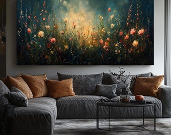 Wildflower Field Framed Wall Art, Vintage Botanical Landscape print, Floral Decor, Modern Farmhouse Canvas Art, Field Of Flowers Canvas