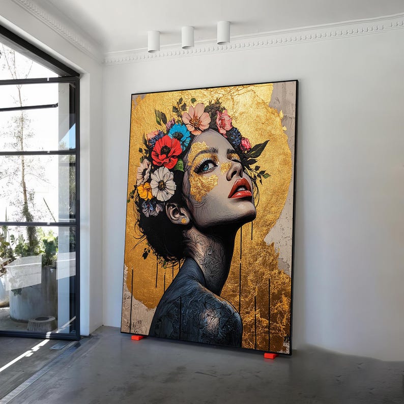 Woman Painting With Flower Head, Woman Portrait Canvas Wall Art With