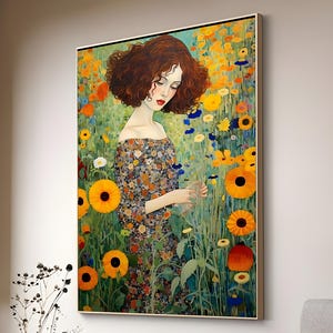 Klimt-Inspired Floral Woman Canvas, Gustav Klimt Art Style, Dreamy Garden Portrait, Romantic Floral Wall Art, sunflowers woman art