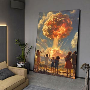 Könnte beinhalten: Ein Gemälde, das eine Gruppe von Menschen zeigt, die vor einer großen, leuchtend orangefarbenen und gelben Explosion am Himmel stehen. Die Menschen sind vor der Explosion silhouettiert und schauen alle nach oben. Der Himmel ist leuchtend blau und im Hintergrund sind Wolken zu sehen.
