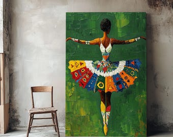 Pode incluir: Uma pintura de uma mulher em um vestido colorido e estampado, dançando em um fundo verde. O vestido é feito de várias formas geométricas e cores, incluindo vermelho, amarelo, azul e verde.