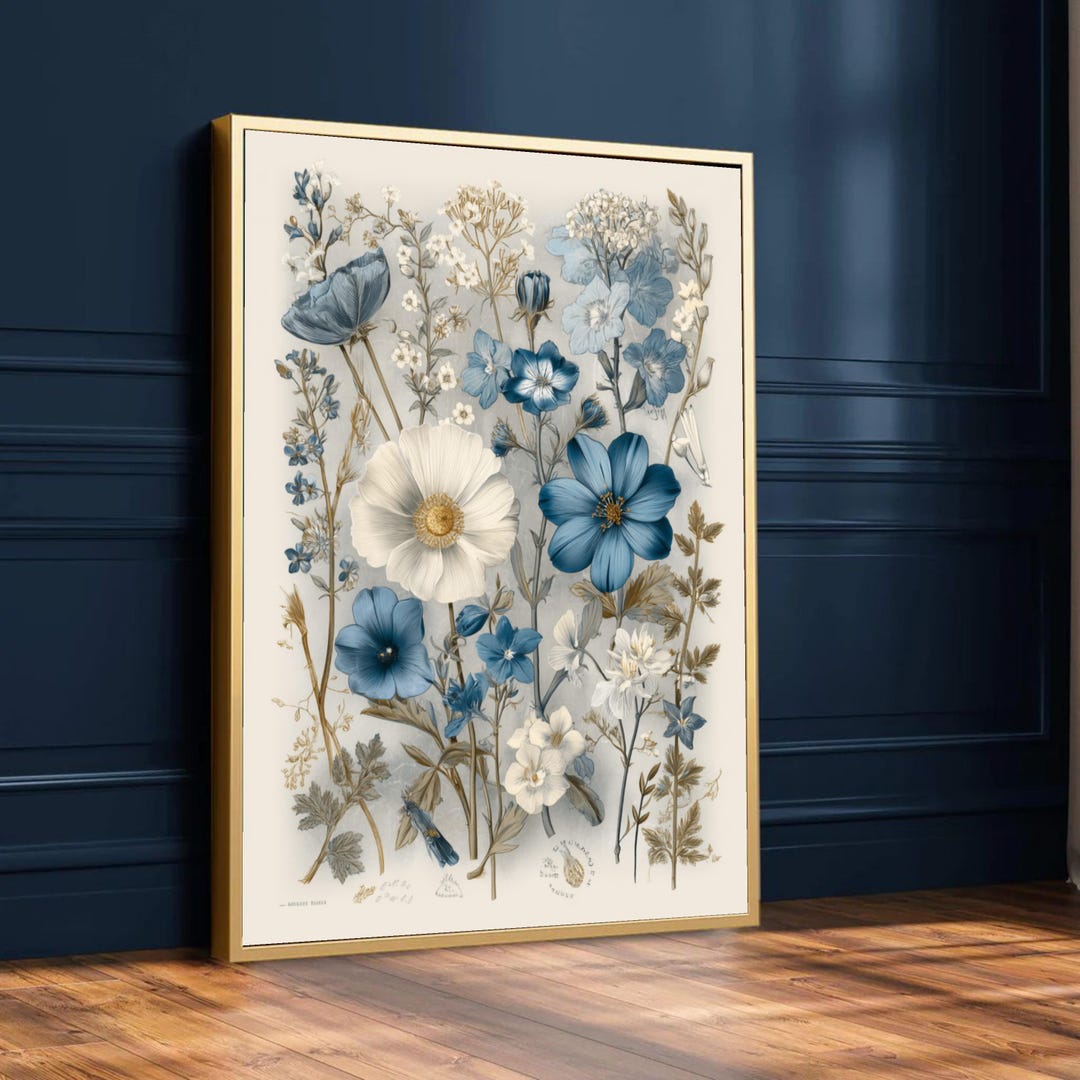 Vintage Botanical Blue and White Flowers Canvas Wall Art, Floral ...