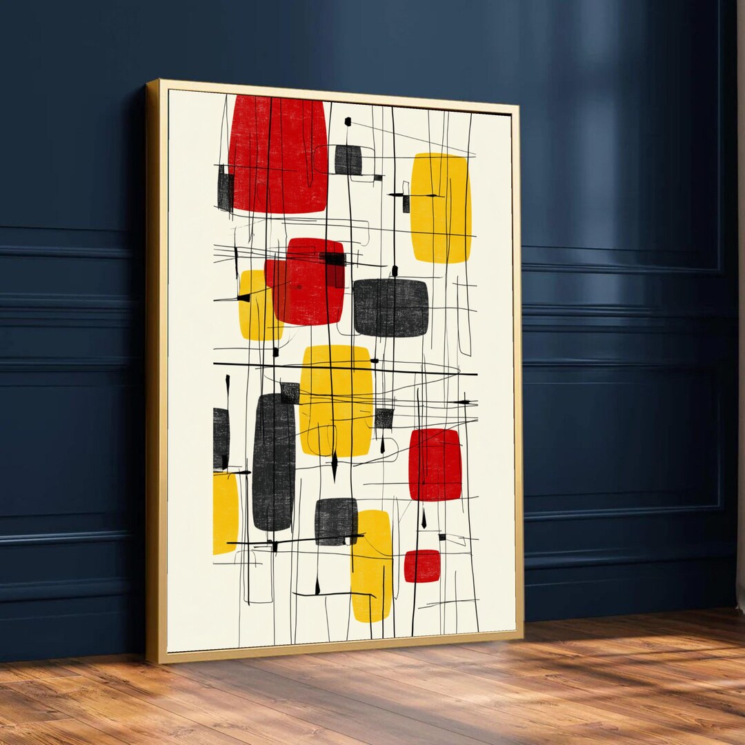 Mid Century Modern Abstract Canvas, Red Yellow Black Geometric Wall Art ...
