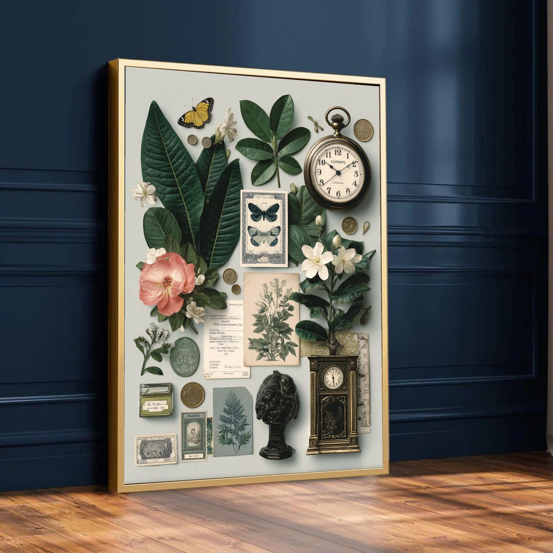 Vintage Botanical Collage Canvas Antique Pocket Watch Art Floral And vintage-botanical-collage-canvas-antique-pocket-watch-art-floral-and