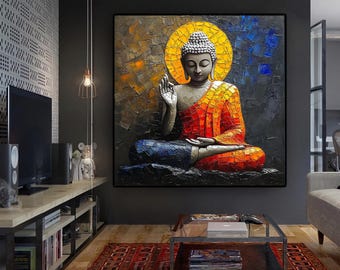 Toile de bouddha en mosaïque, art mural de méditation, peinture de bouddha colorée, toile murale spirituelle