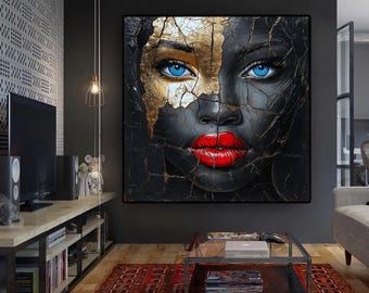 African woman with black makeup on canvas, woman wall art, red lip girl poster