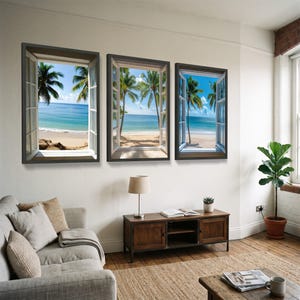Tropical Beach View Through Open Windows, 3 Piece Canvas Set, Palm Trees Ocean Wall Art, Coastal Home Decor, Relaxing Summer Landscape Print