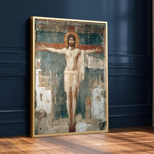 Ancient Christ Crucifixion Fresco Canvas, Religious Wall Art, Christian Iconography, Spiritual Canvas Decoration, Historical Sacred Art