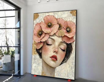 頭に花をつけた美しい女性の絵画 オリジナルの金箔の花の頭の