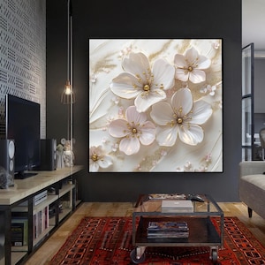 White Gold Leaf Flowers Canvas Art, Luxurious Elegant Wall Decor, floral living room wall art gift