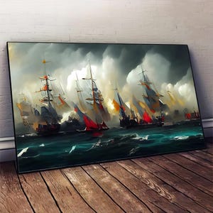 Warships canvas, abstract pirate ship painting, ship landscape wall decor