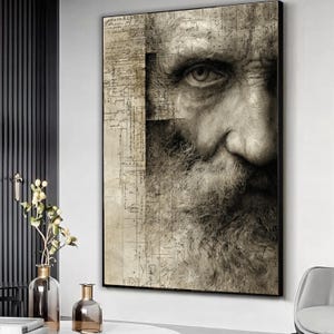 May include: A framed artwork in sepia tones, depicting a close-up portrait of an elderly man. The man's face is partially obscured by a section of aged paper with handwritten notes and diagrams. The artwork focuses on the man's eye, nose, and beard.