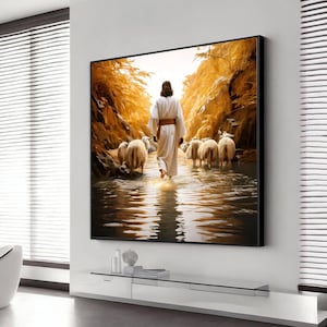 Jesus is walking his sheep through the water towards the divine light canvas painting, Jesus print, Jesus Christian religious painting