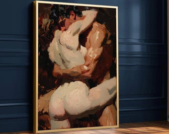 Sensual Embrace Oil Painting Canvas, Intimate Couple Art, Romantic Wall Decor, Textured Body Art Canvas, Bedroom Decoration