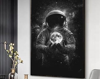 Astronauta trzymający księżyc na płótnie, grafika ścienna z galaktyką kosmiczną, dekoracja z kosmicznym astronautą, niebiański wydruk na płótnie, nowoczesna dekoracja ścienna z kosmosem