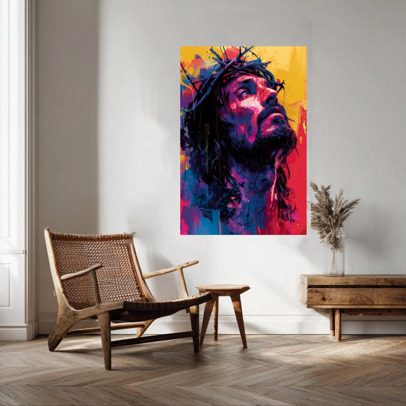 Vibrant Jesus Christ Portrait Canvas, Crown of Thorns Wall Art ...