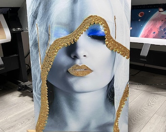 Golden glitter textured mystical woman canvas painting, real glitter embroidered female portrait with eyes closed art, glitter  canvas