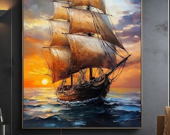 船の油絵 帆船の油絵、ネイビーブルーの海景キャンバスアート、海洋画 - Etsy 日本