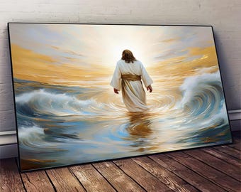 Dipinto su tela raffigurante Gesù che cammina sull'acqua, arte murale raffigurante Gesù con onda dorata, arte murale cristiana ispiratrice, decorazioni religiose