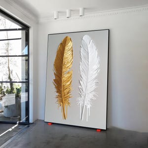 Veren modern canvas schilderij, gouden en witte verenkunst, moderne abstracte verenschildering, modern interieur