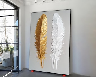 Feathers modern canvas painting, gold and white feather art, modern abstract feather painting, modern home decor