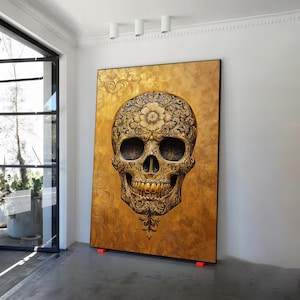 Goldener Schädel Wanddekor, goldene Leinwand, Loft Poster, moderne Leinwand Geschenk, personalisiertes Bürogeschenk, handgemachtes Geschenk