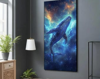 Humpback whale in the sky canvas painting, blue whale snat, whale home decor, whale poster