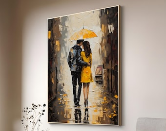 Romantic Stroll in the Rain: romantic Canvas Painting of a Couple Under Yellow Umbrella, love wall art, gift for her