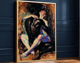 Passionate Embrace Canvas Wall Art, Modern Couple Painting, Intimate Abstract Art, Sensual Love Scene Canvas, Romantic Home Decor