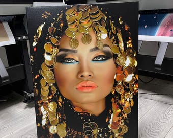 Glitter textured woman canvas, glitter beautiful woman art with gold coins, real glitter textured poster, beautiful woman portrait print