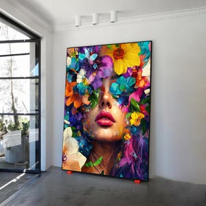 Flower Woman Wall Art, Fashion Woman, Head of Flowers Canvas, Rose Head Woman print