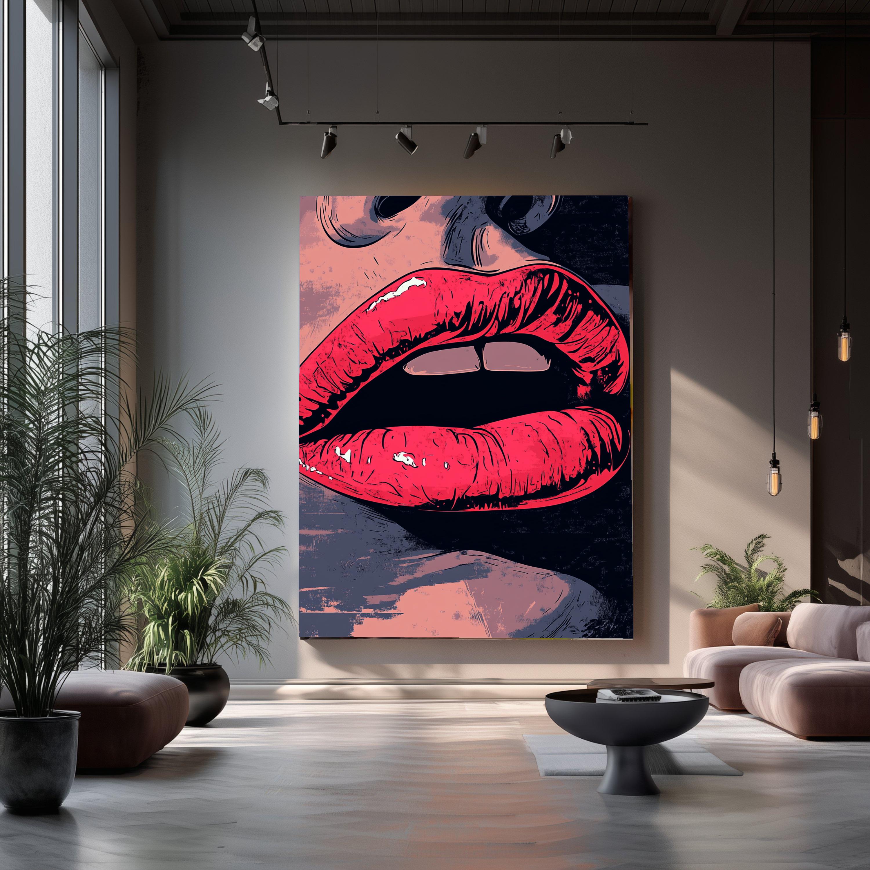 Bold Red Lips Canvas Wall Art, Pop Art Mouth Close-up, Modern Portrait ...
