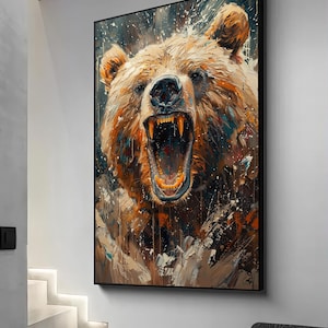Roaring bear portrait canvas, brown bear art, bear poster, bear canvas painting, framed bear print