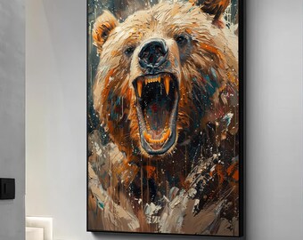 Roaring bear portrait canvas, brown bear art, bear poster, bear canvas painting, framed bear print