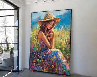 Beautiful lady in flowers canvas art, artistic girl with beautiful face wall decor, woman painting with flowers,
