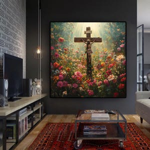 Crucified jesus with flowers painting, christian religious painting, jesus canvas, jesus poster