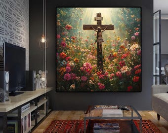 Crucified jesus with flowers painting, christian religious painting, jesus canvas, jesus poster
