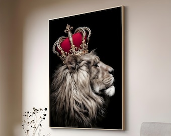 Majestic Lion King Canvas - black and white Lion with Crown Wall Art - Royal Lion Portrait for Luxury Living Room Decor - Animal Artwork