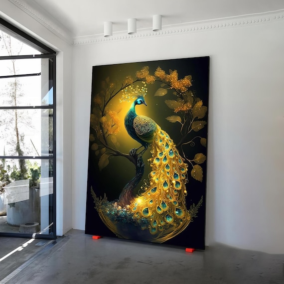 Golden Peacock Design Canvas Painting Wall Decor, Golden Peacock