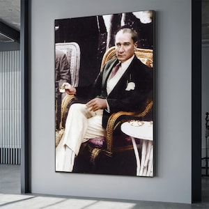 Pintura em tela de Mustafa Kemal Atatürk, imagem de Atatürk bebendo café, pôster de Atatürk, arte de parede do Comandante Türkiye Atatürk